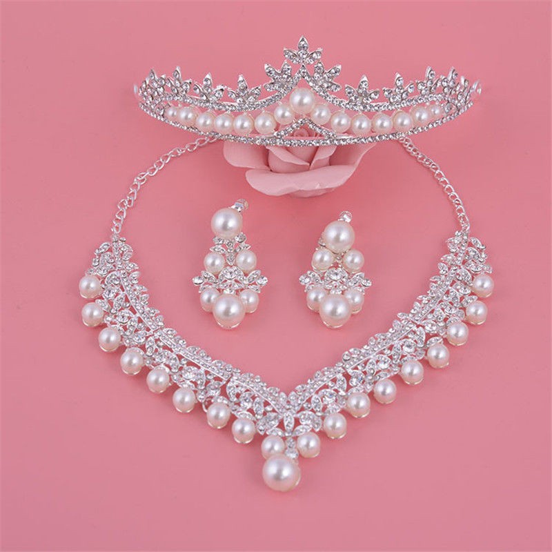 Set Mahkota + Tiara Elegan dengan Kristal + Mutiara untuk Pernikahan