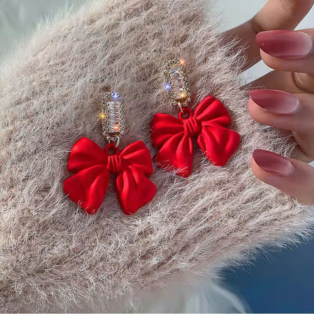 1 Pasang Anting Tusuk Gantung Sterling Silver 925 Desain Pita Merahhitam Hias Berlian Gaya Korea Untuk Wanita