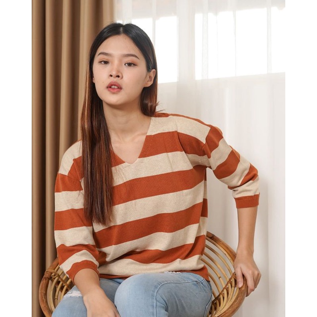 Nara Sweater Stripe Basic V neck Cotton Knit (288)