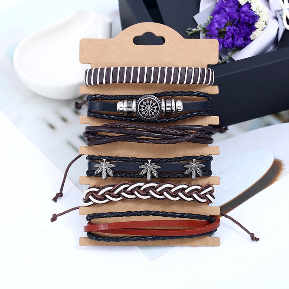 Hu Hu Hu Hu Hu Alat Bantu Pasang Kacamata♡ 6pcs Gelang Tangan Kulit Imitasi Gaya Retro Hip Hop Punk Aksen Tengkorakdaun Untuk Pria