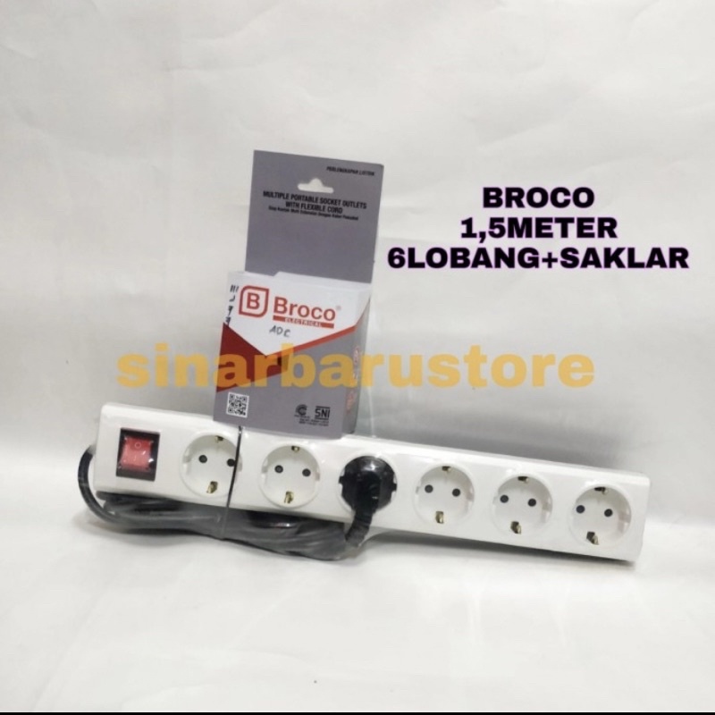 Stop Kontak Arde Broco + Saklar + 6 Lubang + Kabel 1,5 Meter