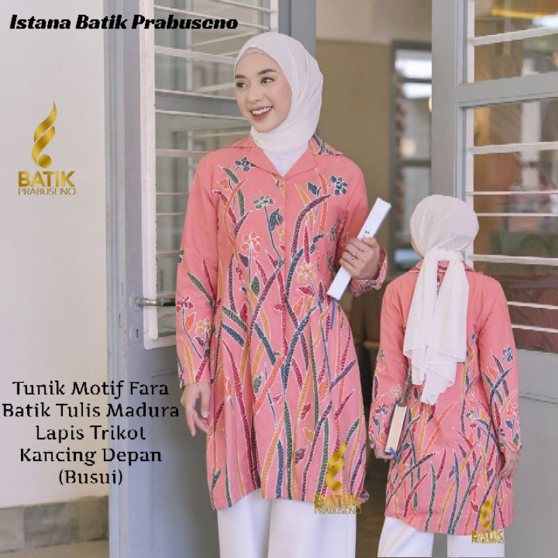 Batik Prabuseno Motif Fara Tunik Wanita Batik Tulis Madura Lapis Trikot Kancing Depan Busui Friendly