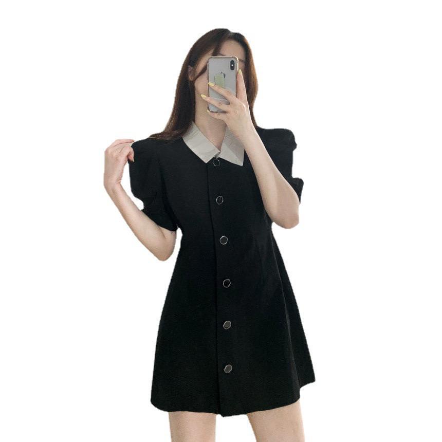 [littlecrab] Dress Full Kancing Simple Elegan Dress Kerah Putih Dress Polos Berkualitas Korean Style Short Dress Model Simply Dress Lengan Pendek Nyaman Dress Berkerah Lembut Berkualitas