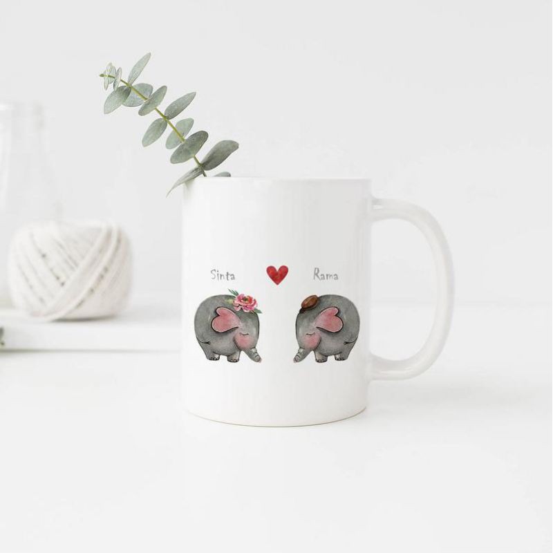 Mug custom lucu CUTE COUPLE ELEPHANT