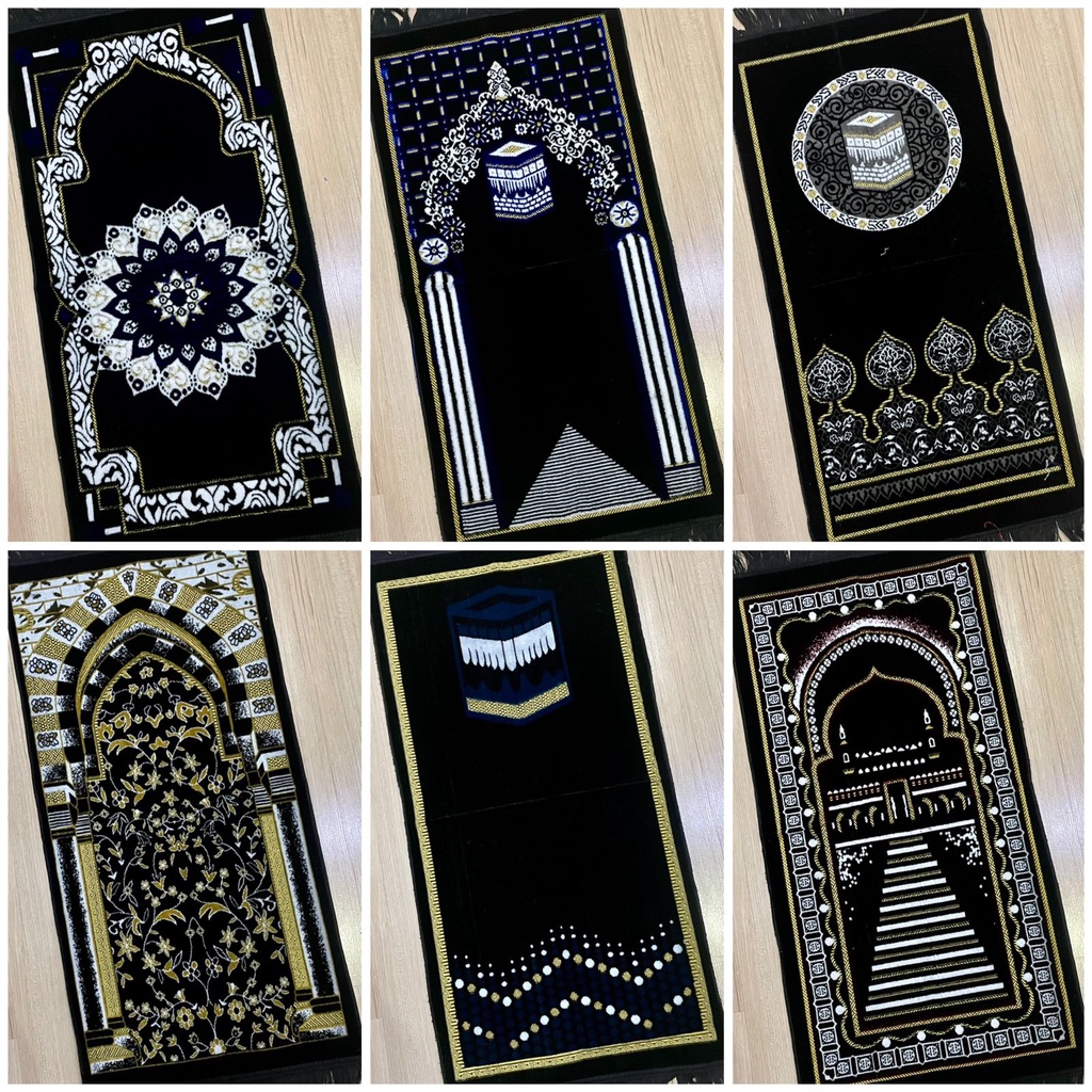 Sajadah Black Edition Turkey Tebal Lembut dengan Tasbih Souvenir Kado tas dompet