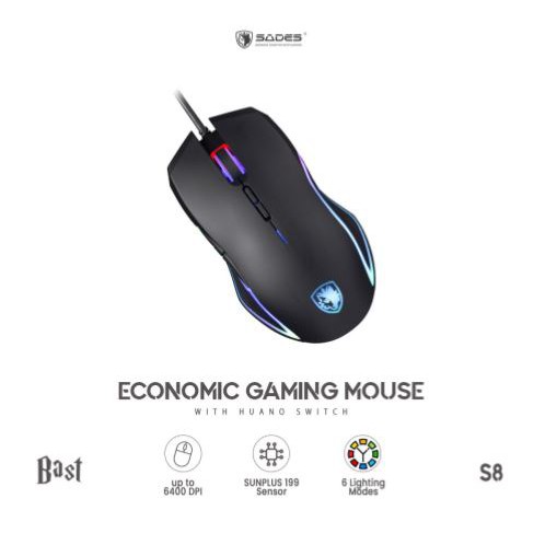 Mouse gaming sades wired usb 2.0 6400dpi macro 125Hz 32ips 12g 7d rgb bast 1.5m braided cable s8 s-8