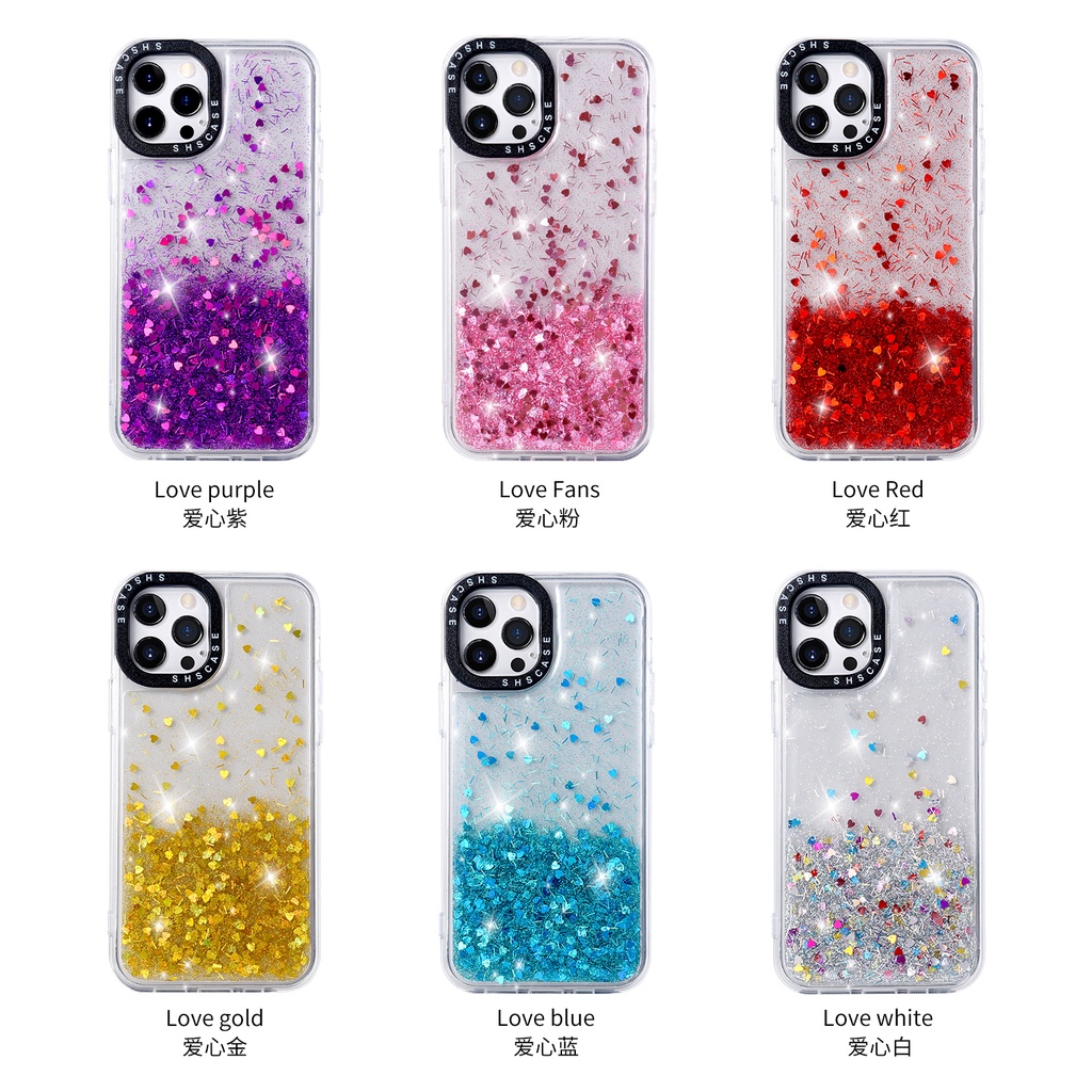 Case Glitter Transparan Shockproof Motif Hati Untuk iphone 13 12 11 Pro Max X XR XS Max 6 7 8 Plus