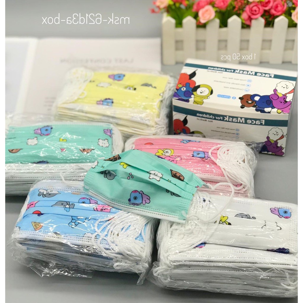 Masker mulut Tebal isi 50Pcs/BOX Motif Anak BTS BT21 IMPORT 3Ply High Quality K-POP KPOP KOREA IDOL