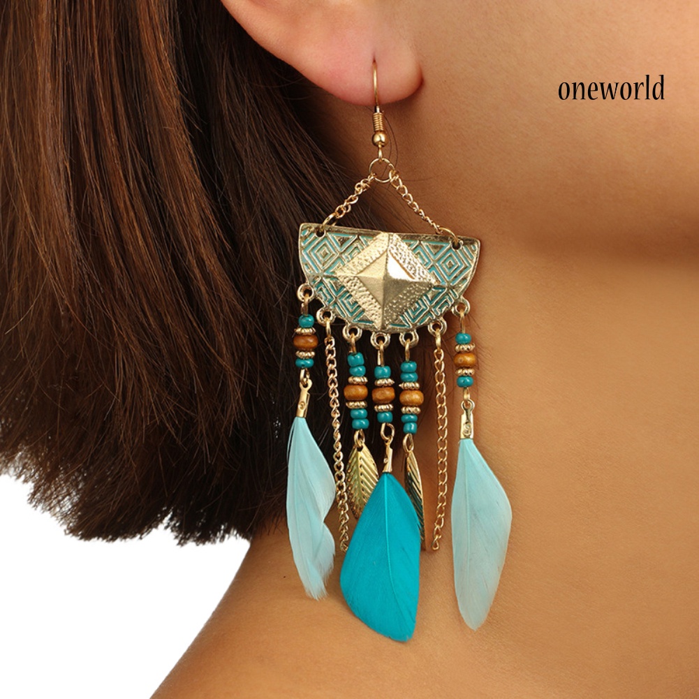 OW@ Bohemian Women Fan Shaped Beaded Tassel Feather Statement Hook Earrings Jewelry