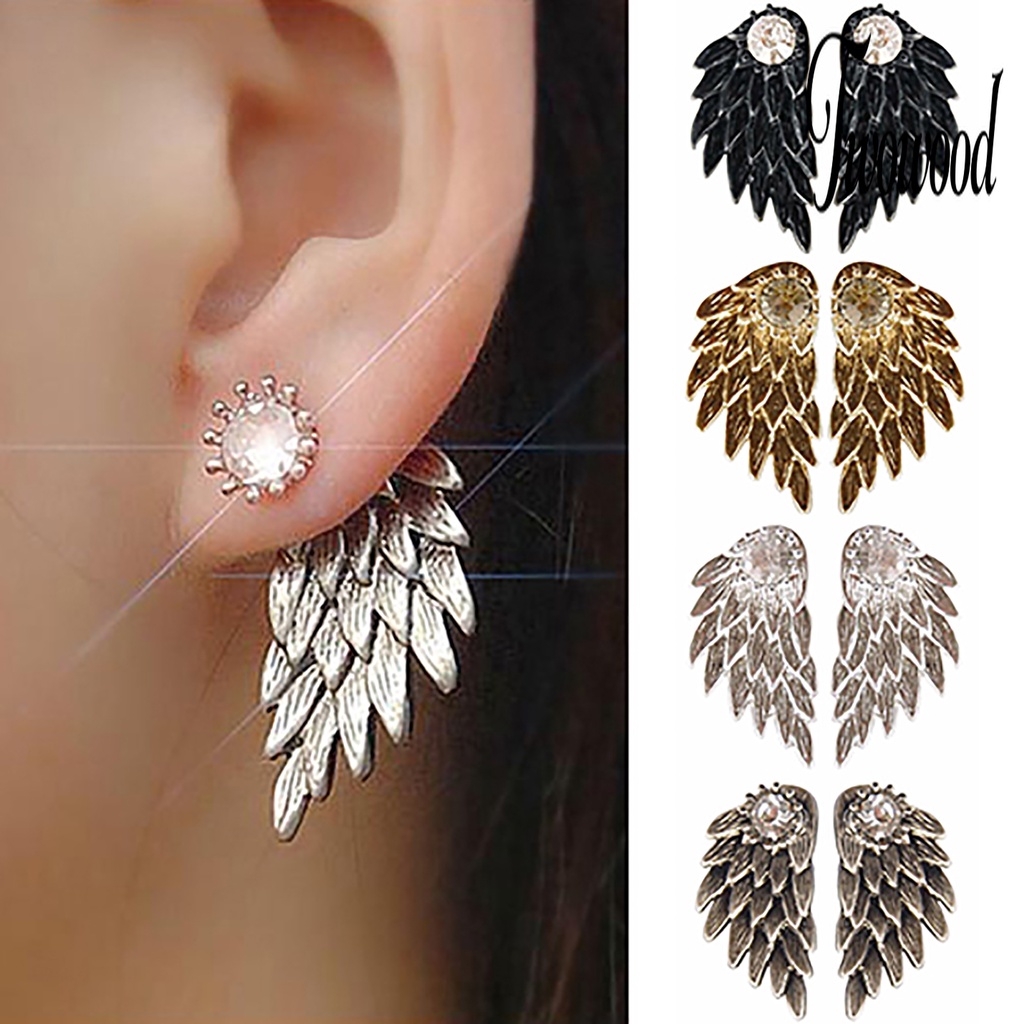 1 Pasang Anting Stud Bentuk Sayap Malaikat Aksen Berlian Imitasi Bahan Alloy Untuk Wanita