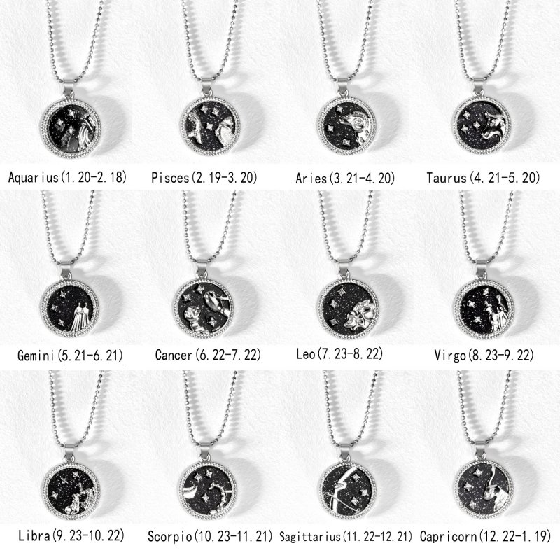 Kalung Rantai Liontin 12 Zodiak Warna Silver Untuk Wanita