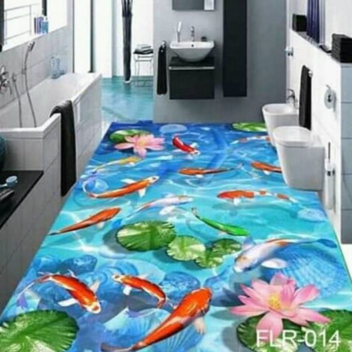 KABE | WALLPAPER CUSTOM 3D LANTAI WALLPAPER STIKER LANTAI IKAN KOI BIRU Terlaris Kekinian