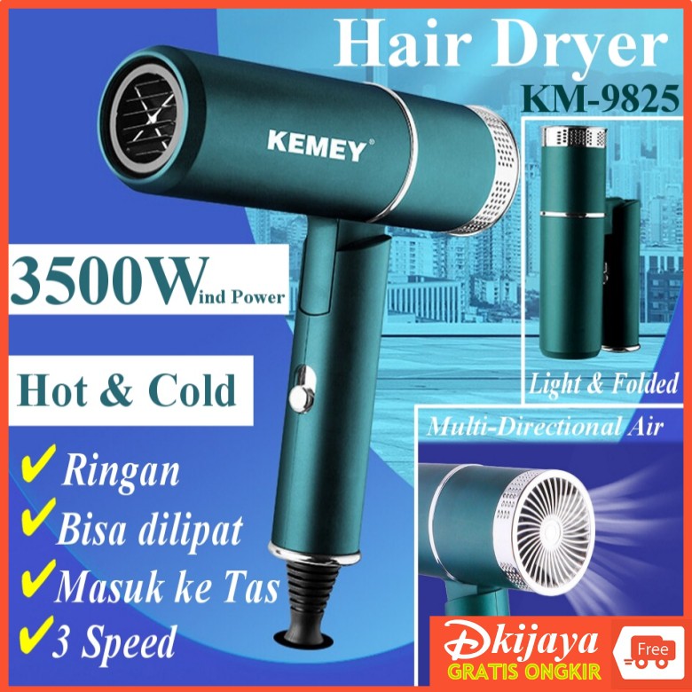 Kemei 9825 Original Kemey 9825 Alat Pengering Rambut Hair Dryer Travel 2 IN 1 Ringan Bisa di Lipat Angin Panas Dingin KM9825