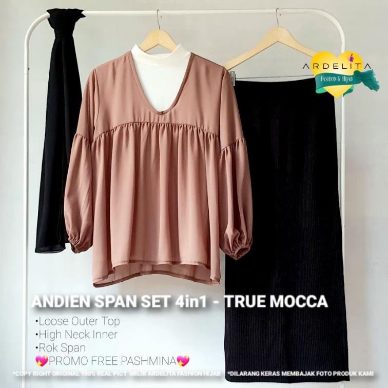 ANDIEN SET HEMAT  LENGKAP  ORI 100%  OUTER  SPAN  SET  FREE  PASHMINA/OOTD HIJAB VIRAL SELEGRAM/SETE