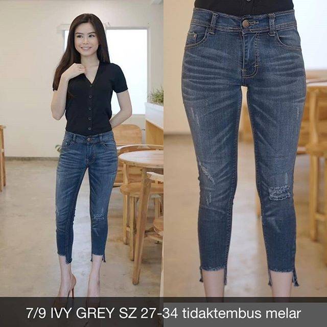 27-34 7/9 jeans ripped hijab ivy grey std jumbo bigsize