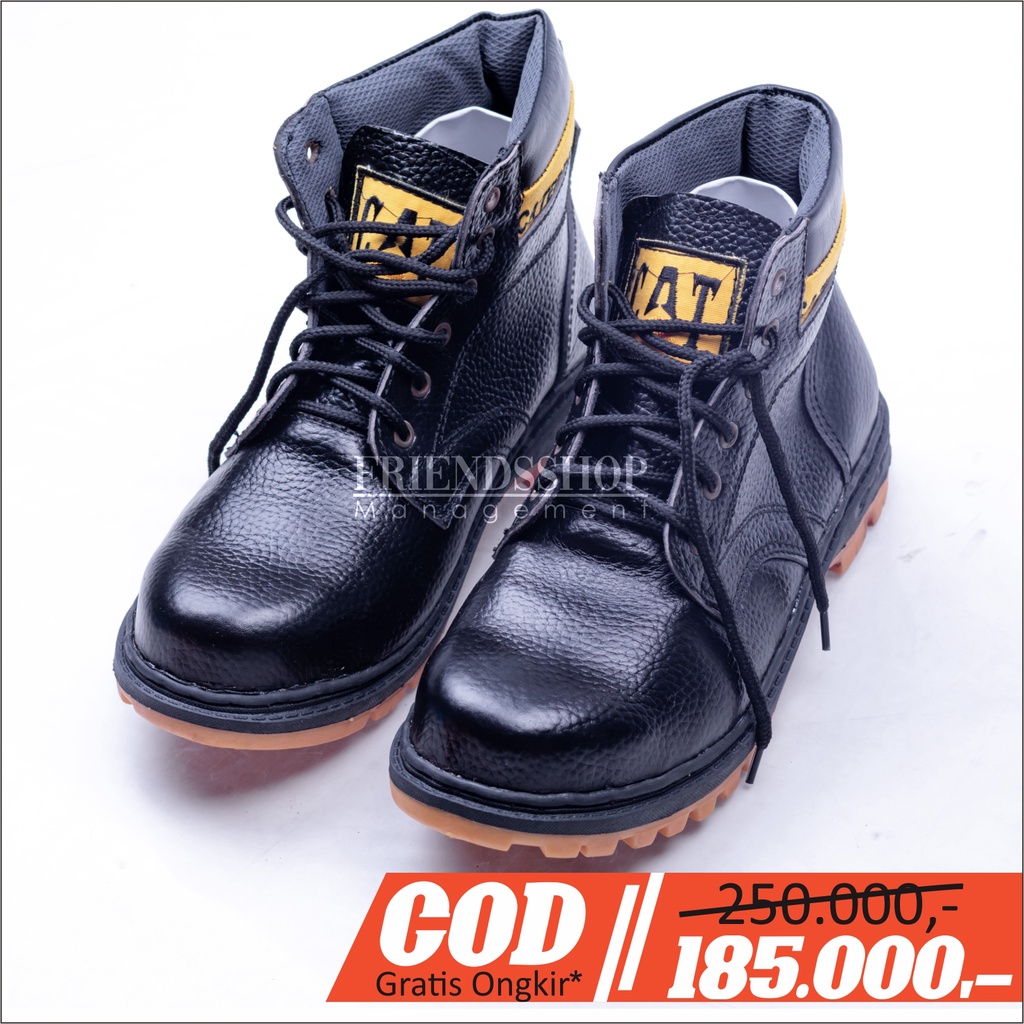 Sepatu safety boot pria merk caterpillar 100% bahan kulit asli SUDAH ADA BESI PENGAMANNYA