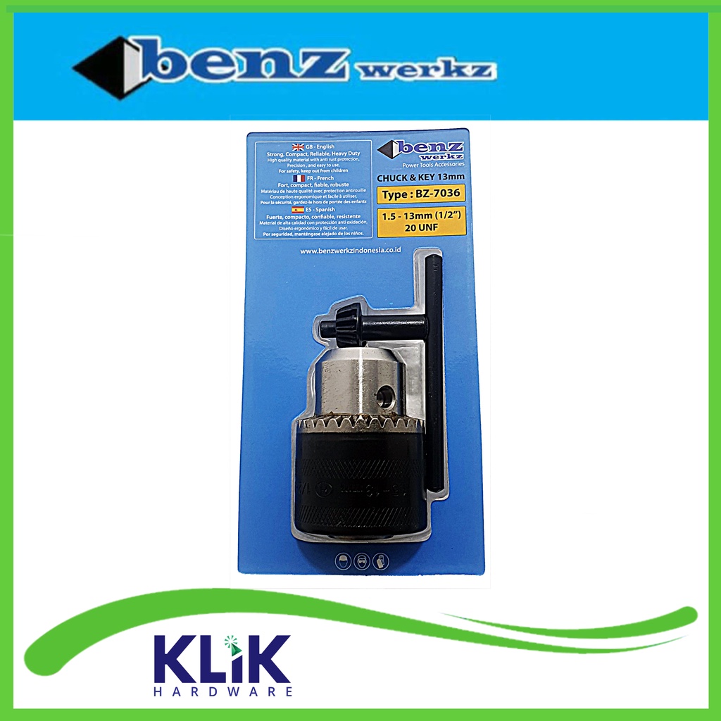 Benz Kepala Mesin Bor 1.5 - 13 mm Drill Chuck + Kunci 1/2 Inch x 20 UNF