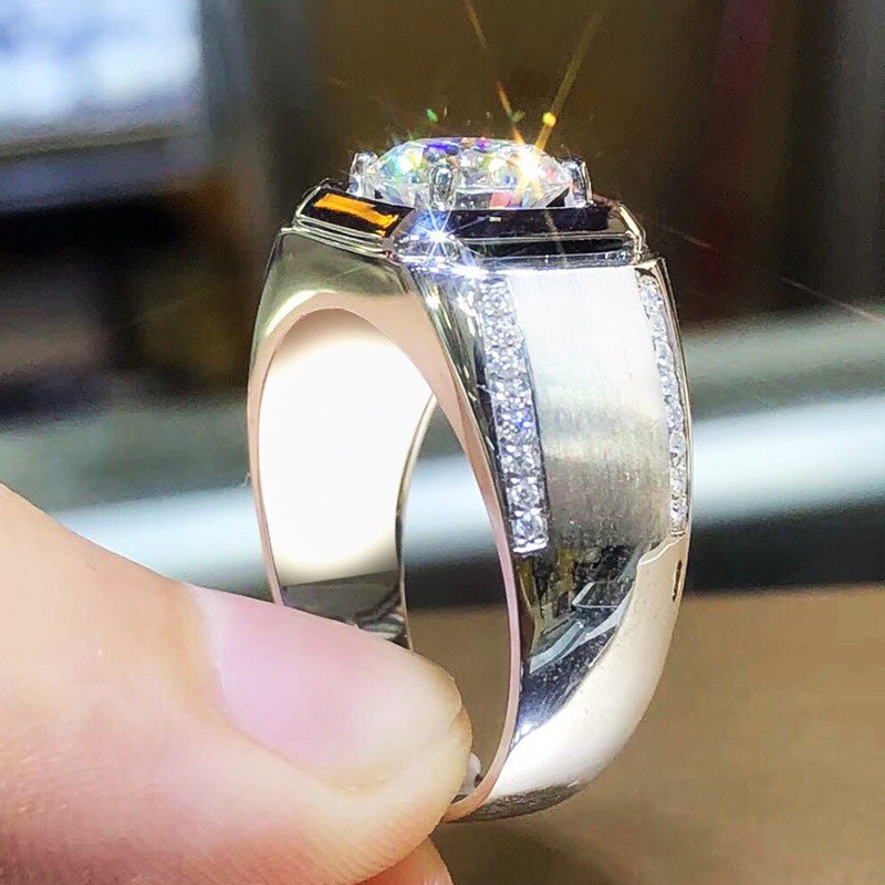 Cincin Emas Putih Fashion Pria Cincin Tunangan Batu Permata Putih