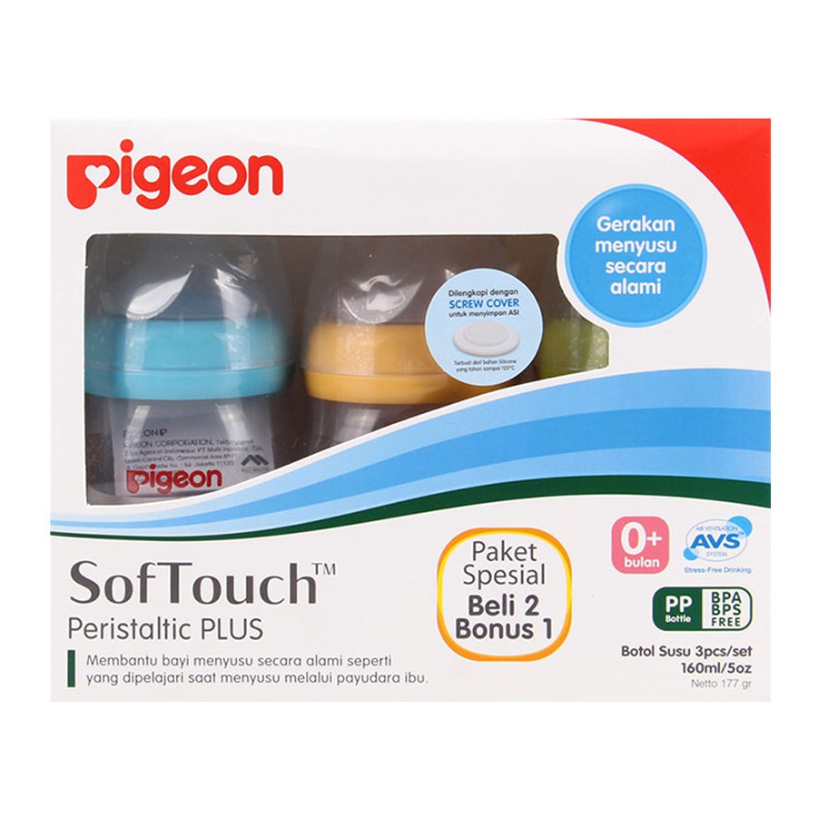 ORIGINAL !!! Pigeon SofTouch Peristaltic Plus PP Wide Neck Bottle Set 3 Pcs 0+ Bulan 160ml 240ml