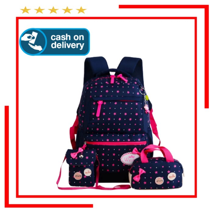 Tas Sekolah Anak Perempuan/Sd -Smp -Sma Backpack Ransel Wanita Cewek Set 3 In 1 Bintang Tabur