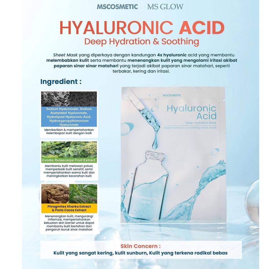 MS GLOW Sheet Mask Hyaluronic Acid – Deep Hydration &amp; Soothing MS Glow Ecer - Terbaru