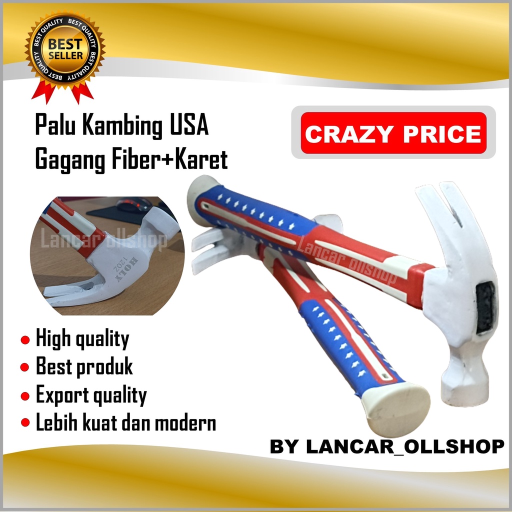 Palu Kambing Besi Martil Pencabut Paku Polos Gagang Fiber Lapis Karet Usa Murah 16oz