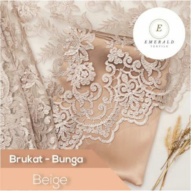 SETENGAH METER Kain Brokat Tile Prancis Bahan Kebaya Motif Bunga - Beige/Khaky ( HARGA PER 50cm KAIN )