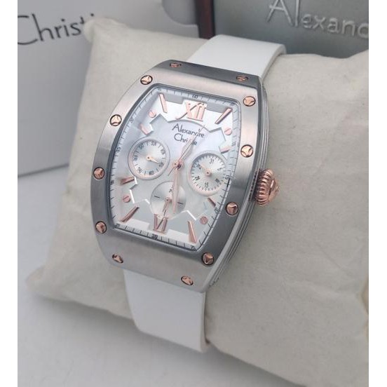 Jam Tangan Alexandre Christie AC 2780 Silver knop Rose Gold Leather White Ladies Original