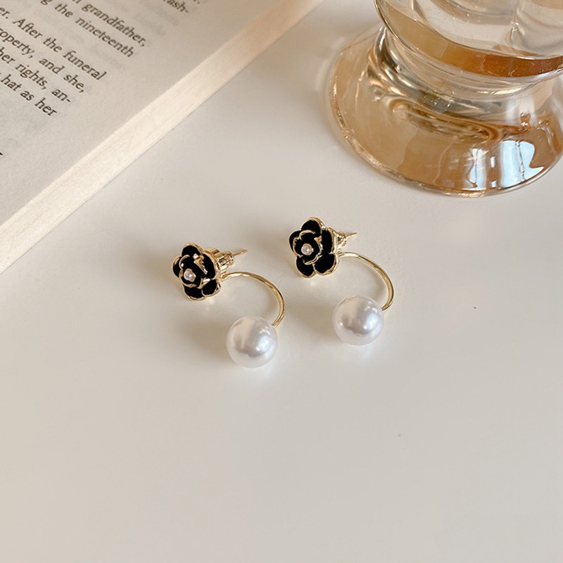 Anting Tusuk Silver S925 Gaya Retro Perancis Motif Bunga Camellia Aksen Mutiara Hitam Untuk Perhiasan Wanita