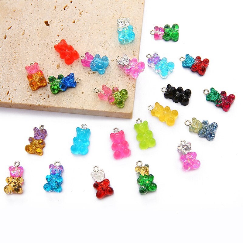 CHARMS 10pcs Liontin Kalung Bentuk Kartun Gummy Bear Bahan Resin Warna-Warni Ukuran 11x20mm Untuk Anak Perempuan