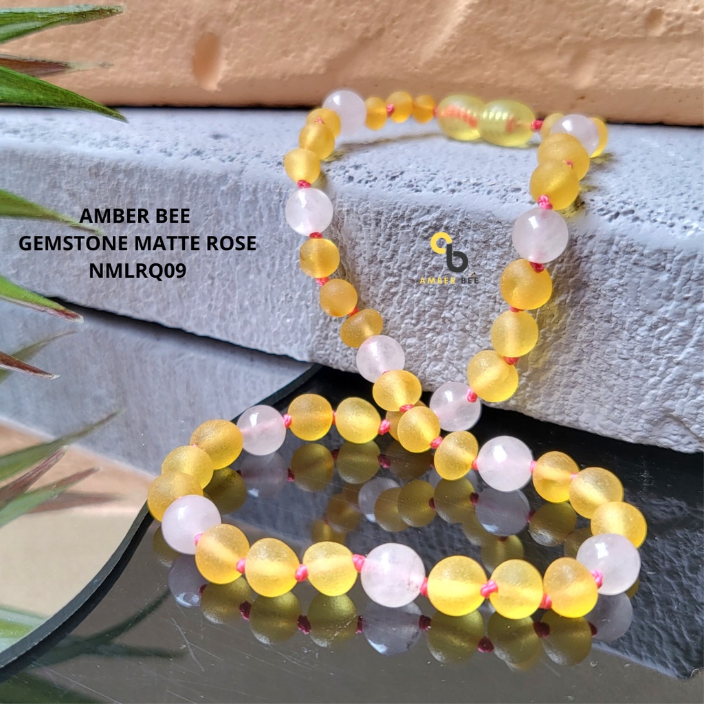 Kalung Amber Anak Premium Matte Gemstone Lime Rose Quartz NMLRQ09 By Amber Bee