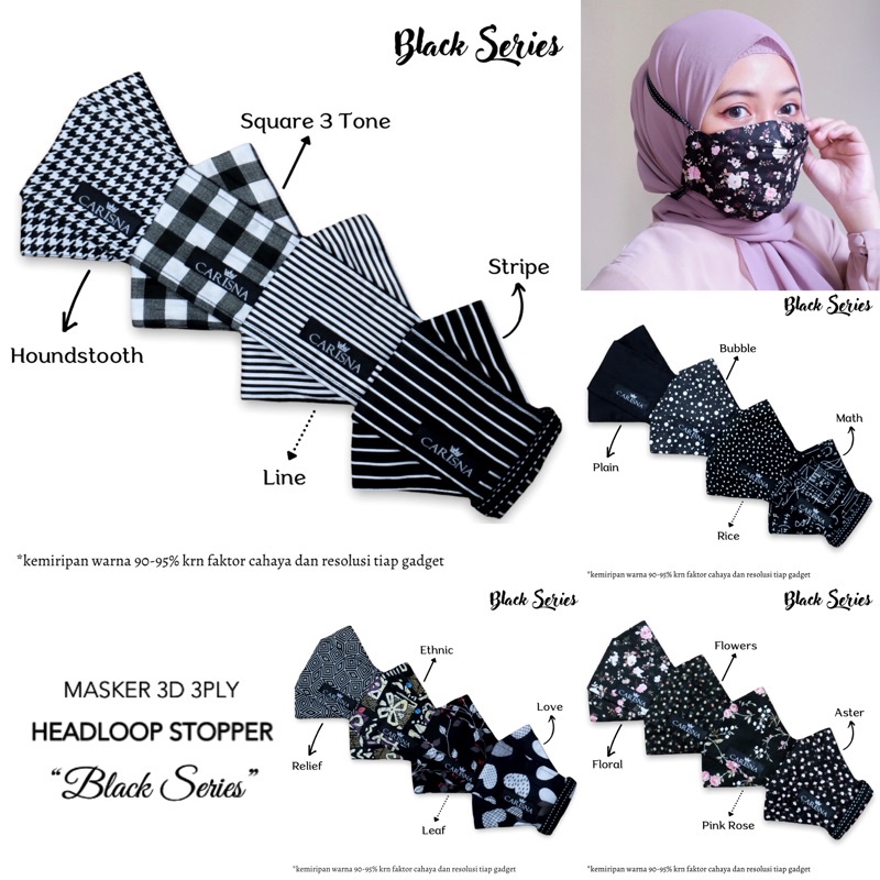 MASKER KAIN 3D 3PLY HEADLOOP STOPPER ORIGAMI NON MEDIS HIJAB “Black Series”