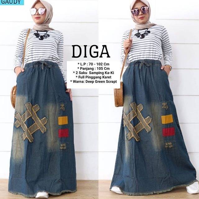 Rok Panjang Diga Variasi Ripped &amp; Tempel . Rok Jeans Panjang