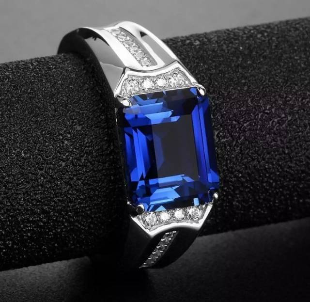 Cincin Pria Perak Blue Sapphire Safir Biru Cutting Mewah Modern Berkelas