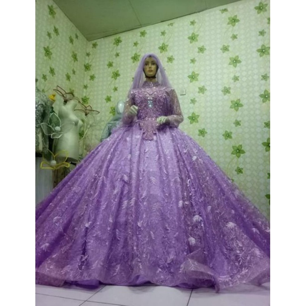 Gaun pengantin/gaun bustier ekor panjang sudah warna lilac