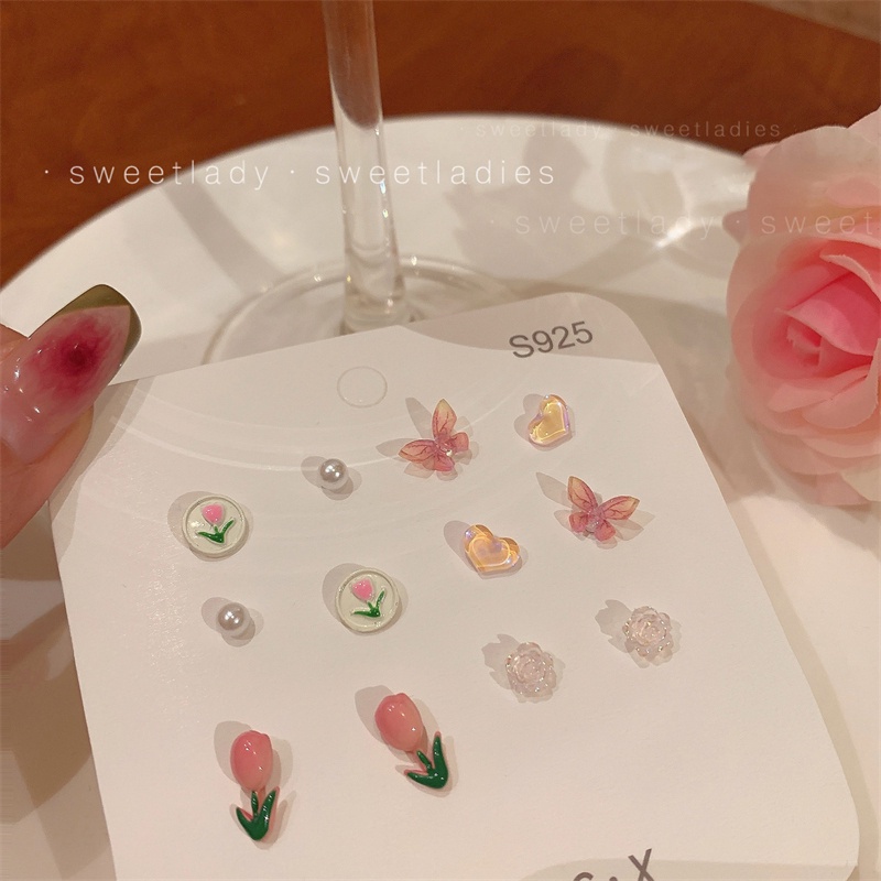 Set Anting Tusuk Desain Bunga Butterfly Bahan Resin S925 Untuk Wanita