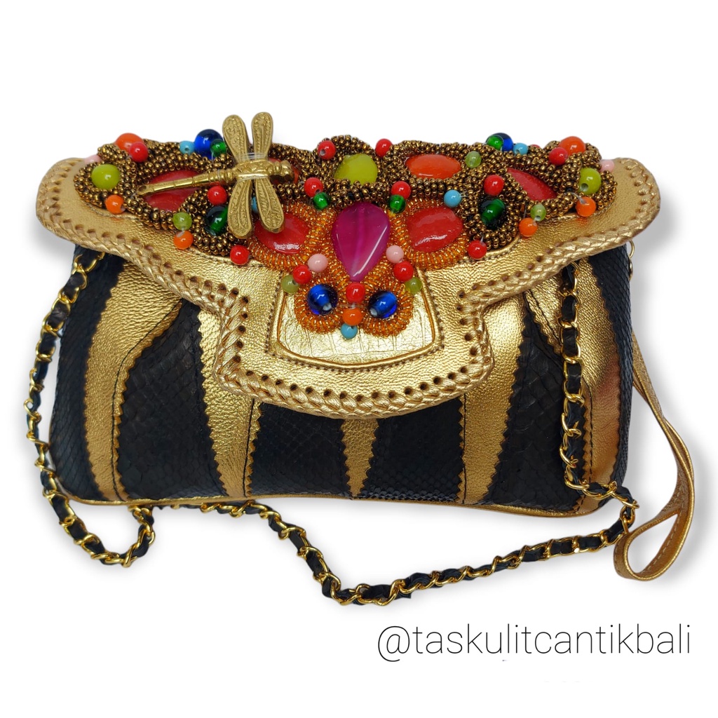 Clutch Kipas Pesta Raisa Size S Patchwork Black Gold Color - Asli Tas Kulit Ular Piton Mix Kulit Dom