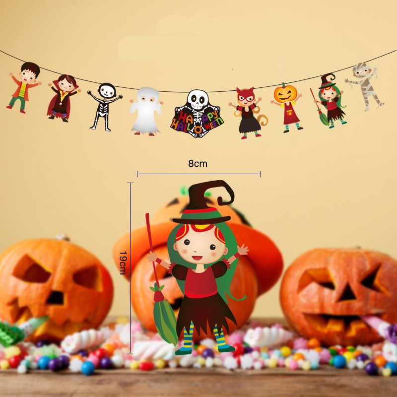 Banner Bunting Flag Desain Boneka Labu Vampire Happy Halloween Bahan Kertas Ukuran 3M Untuk Pesta Natal