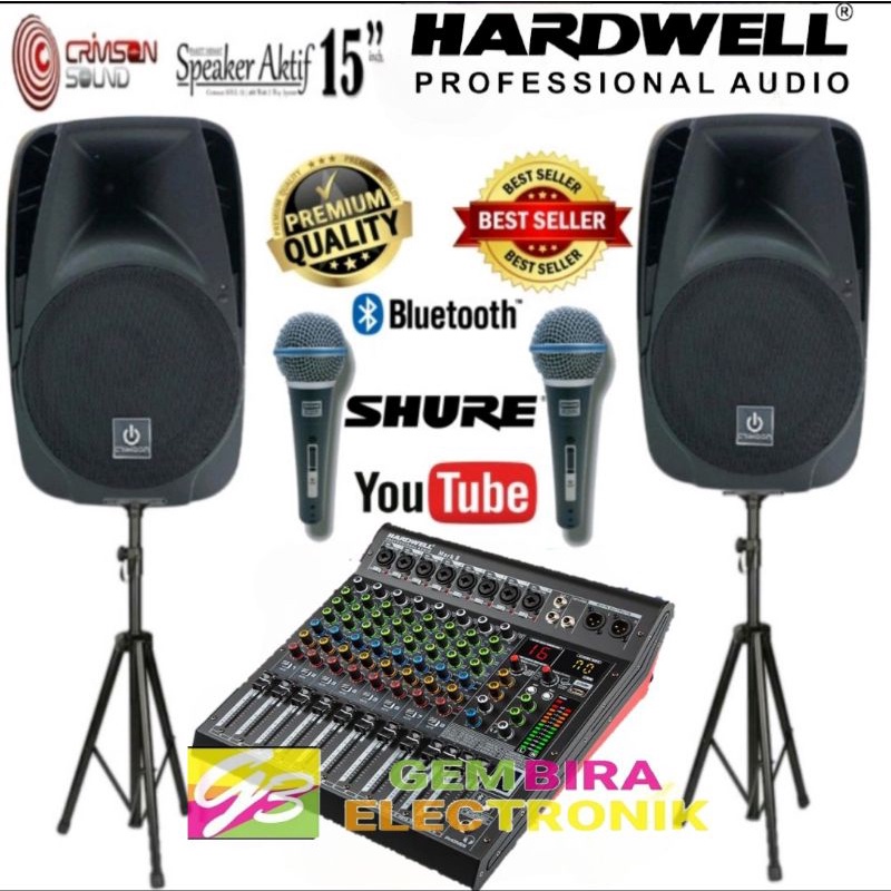 Paket Aktif Pasif Speaker Crimson 15 inch mixer Hardwell 8 channel Original Sound System