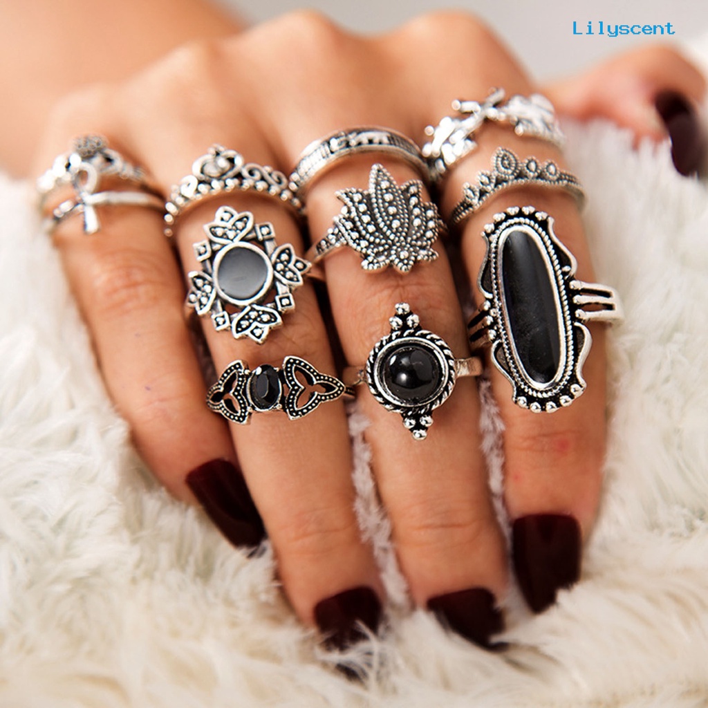 11pcs / set Cincin Knuckle Bentuk Hati Bahan Alloy Aksen Permata Imitasi Warna Hitam Gaya Bohemia