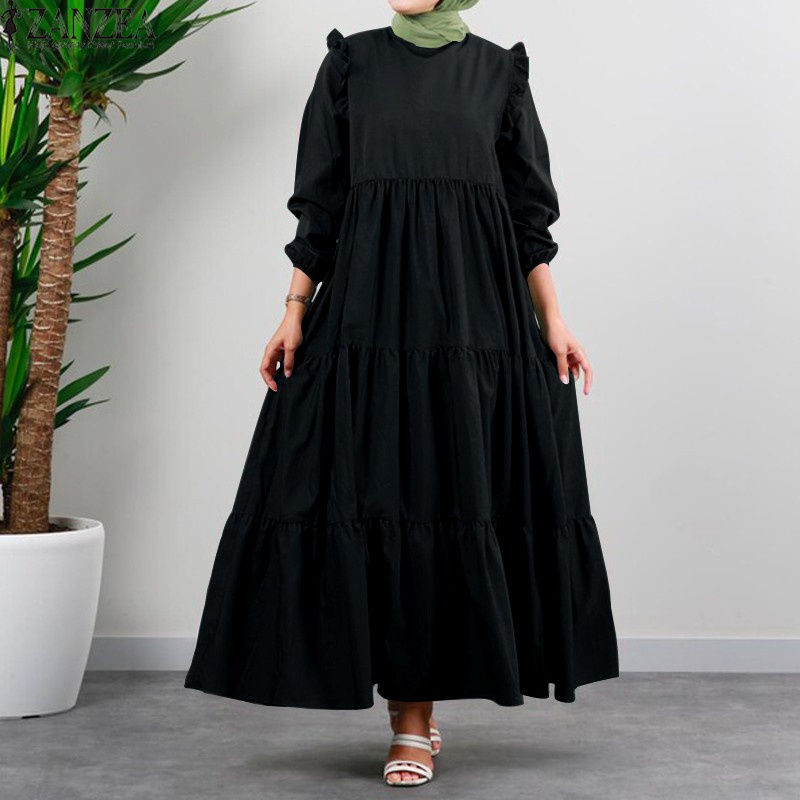 ZANZEA Women Long Sleeve Ruffled Casual Tiered Layered Muslim Long Dress