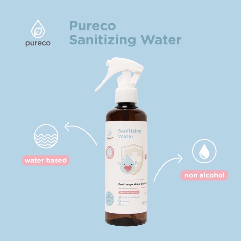 Pureco Sanitizing Water Steril Alat Makan Bayi Mainan Tangan Foodgrade Aman Tertelan Travel Size Spray tidak perlu bilas