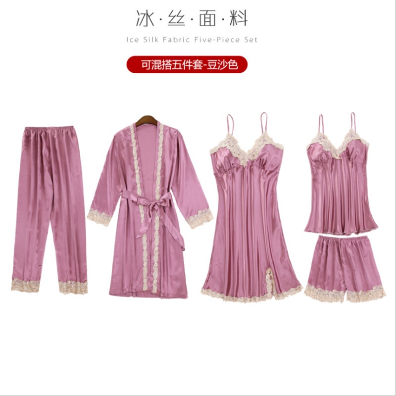 S5T939 Setelan 5pcs Sleepwear Baju Tidur Import Piyama Wanita Komplit - Lingerie Kimono, Babydoll, Tanktop, Celana Panjang &amp; Pendek