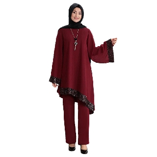 2pcs set Blus Peplum Lengan Panjang  celana  Panjang  Muslim 