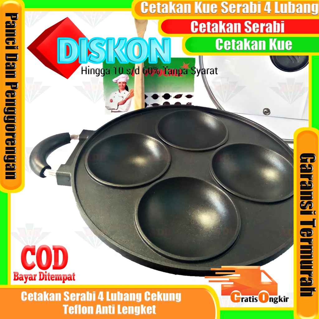 HAPPY CALL Cetakan Kue Serabi 4 Lubang Cekung Loyang Kue Apem Selong Teflon Anti Lengket