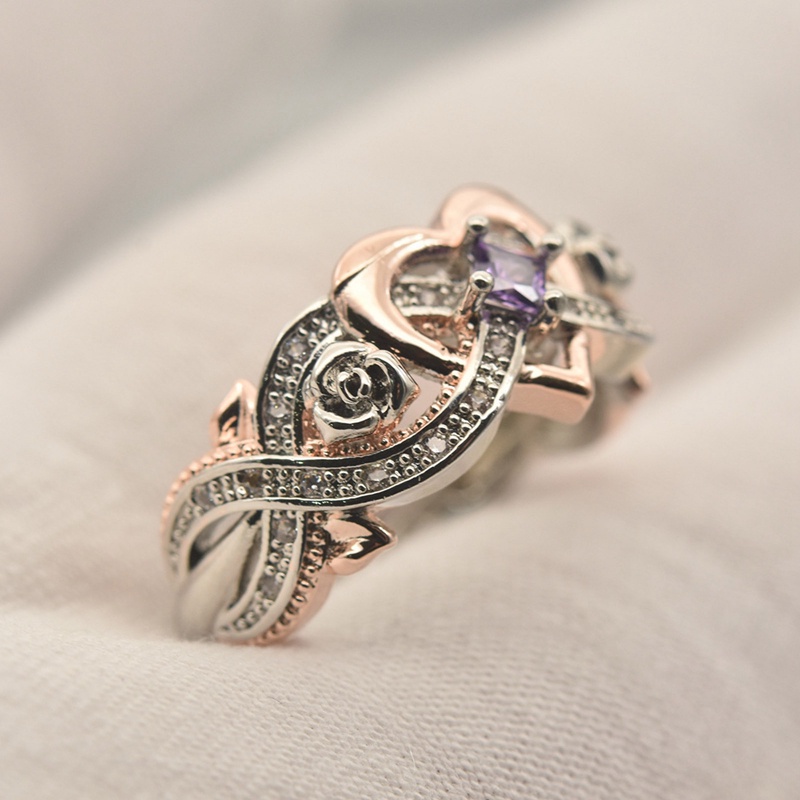 Fancyqube Cincin 925 Sterling Silver Rose Gold Bentuk Hati Hias Batu Permata Amethyst Zircon Gaya Eropa Amerika