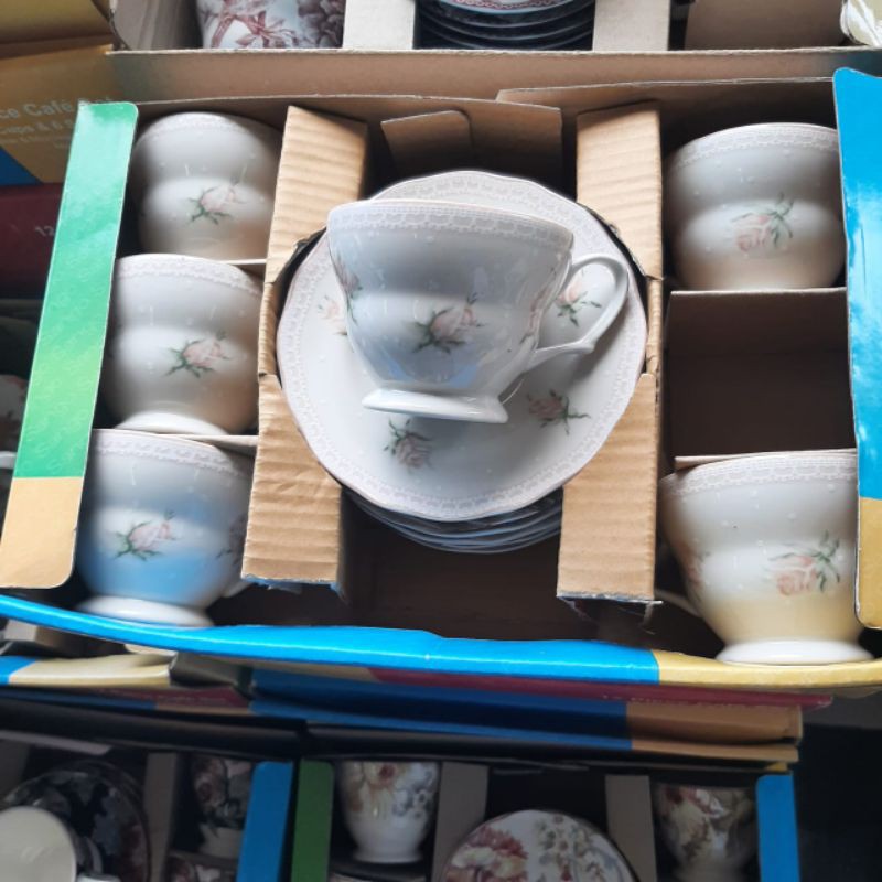 SHABBY TEA SET CANGKIR LEPEK KERAMIK SANGO  MOTIF BUNGA SHABBY PASTEL KOLEKSI CANTIK KLASIK