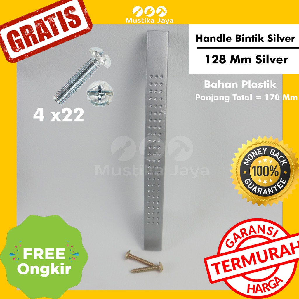 handle laci plastik 128mm warna silver corak bintik