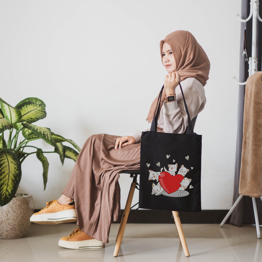 Sevine Totebag Tas Wanita Tote Bag Resleting Cute Cat Black Series Hitam - CSL3