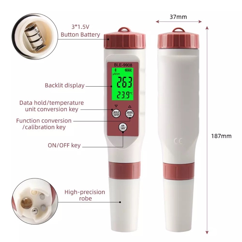 4 in 1 Bluetooth PH Meter Air Digital + TDS + EC + Suhu Tester BLE-9908